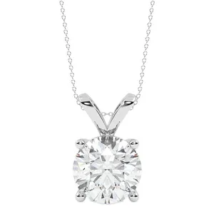 A silver necklace featuring a round-cut diamond pendant in a four-prong setting.