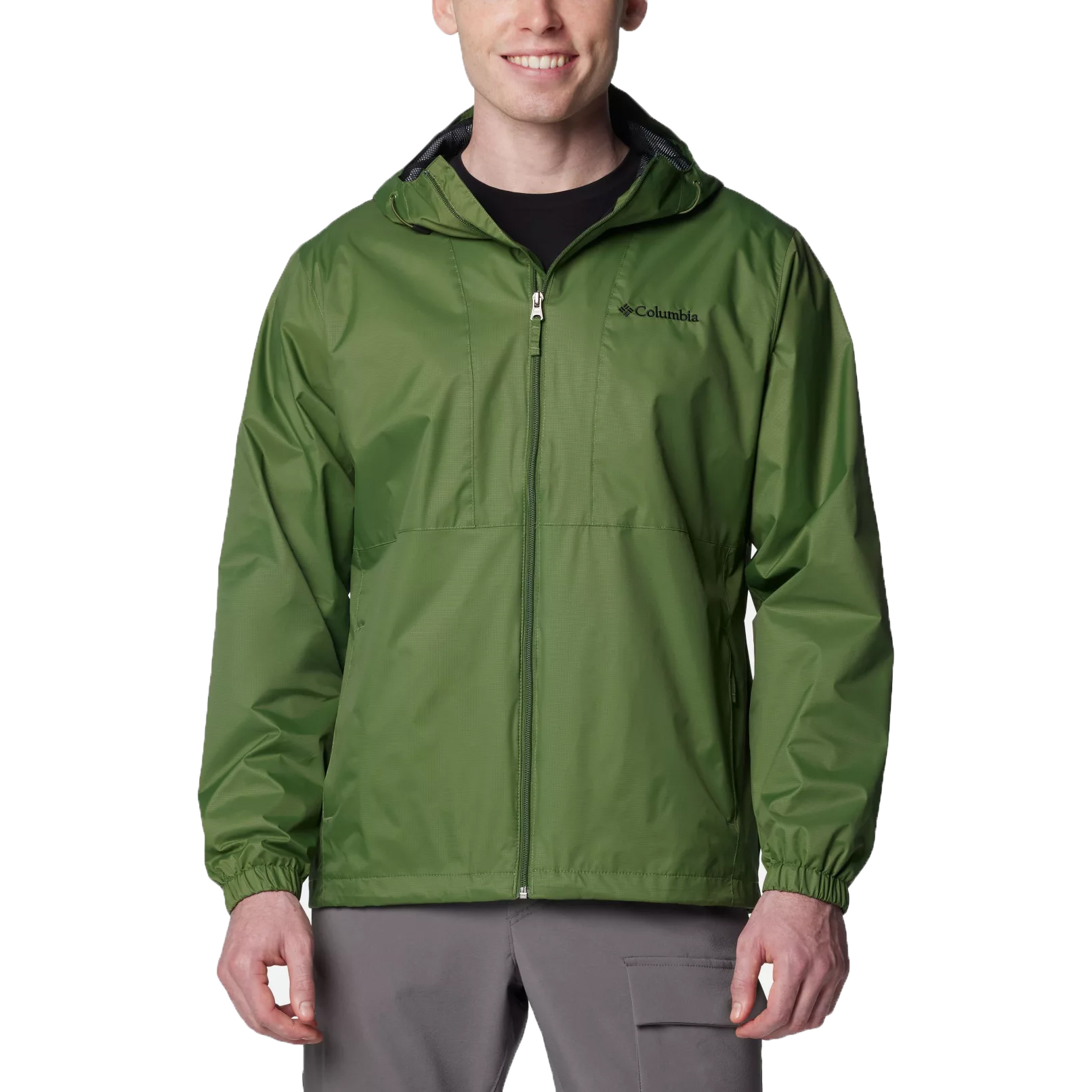 Green Columbia waterproof jacket with a hood, front zipper, and two side pockets, worn by a person in gray pants.