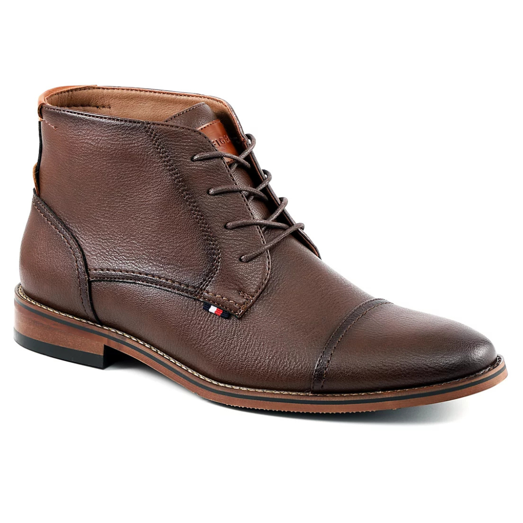 Brown leather ankle boot with laces and a stitched cap toe, featuring a small tricolor tag detail on the side and a two-tone sole.