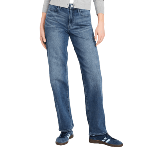 Blue straight-leg jeans paired with navy sneakers featuring white stripes.