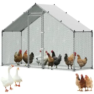 A metal chicken coop with wire mesh and a peaked roof, housing multiple chickens. Two ducks and a group of chickens are outside.
