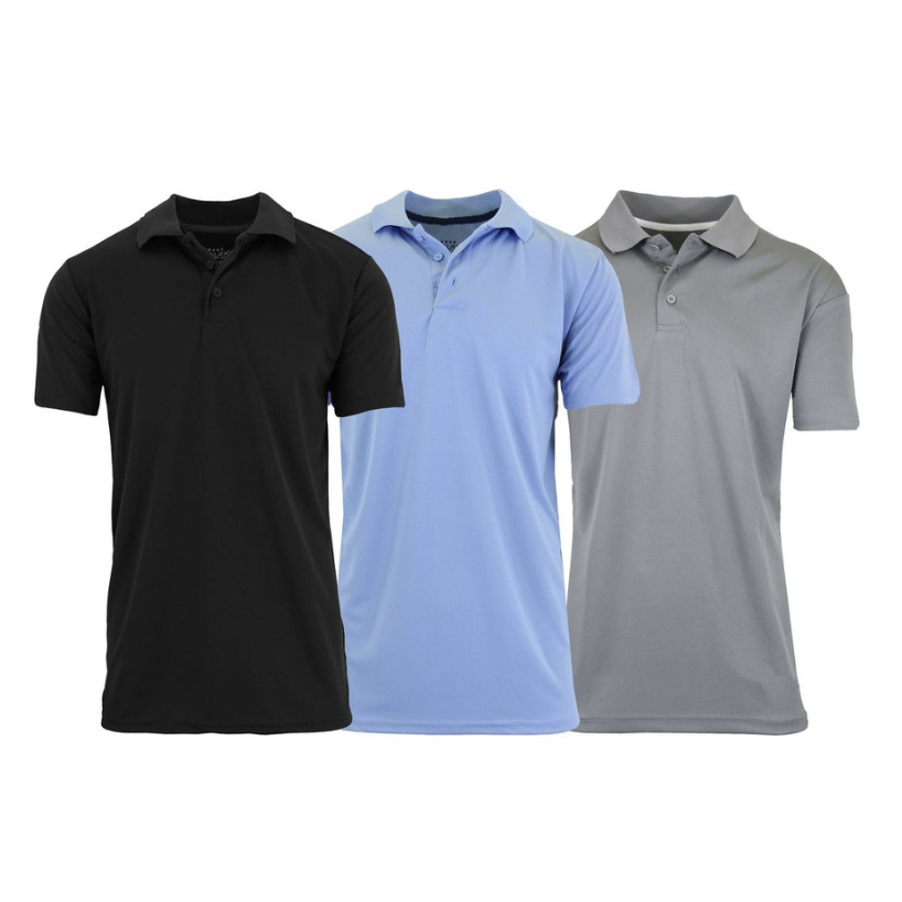 A set of three men's quick-dry polo shirts in black, light blue, and gray. Each shirt has a classic collar and short sleeves, designed for comfort and moisture-wicking performance.