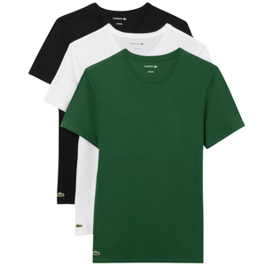 Three Lacoste crew neck T-shirts in black, white, and green, each featuring the brand's logo.