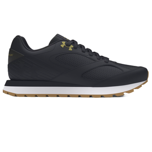 UA Women's Jogger Shoes feature a sleek black design with a gold Under Armour logo. They have a textured upper, a contrasting white midsole, and a brown gum outsole for style and traction.