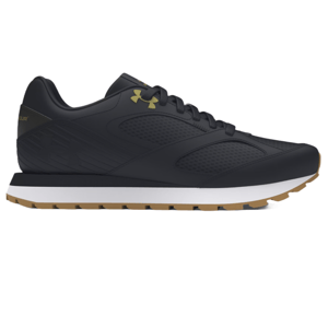 UA Women's Jogger Shoes feature a sleek black design with a gold Under Armour logo. They have a textured upper, a contrasting white midsole, and a brown gum outsole for style and traction.