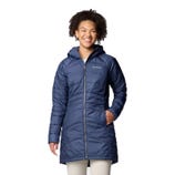Navy blue insulated long jacket with a hood, full-length front zipper, two pockets, and Columbia logo on the chest.