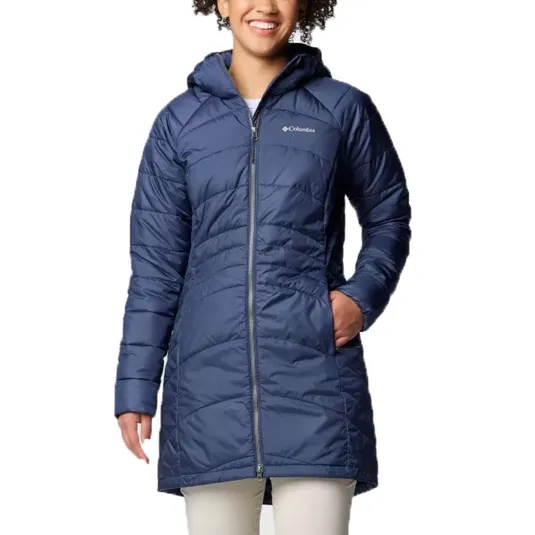 Navy blue insulated long jacket with a hood, full-length front zipper, two pockets, and Columbia logo on the chest.