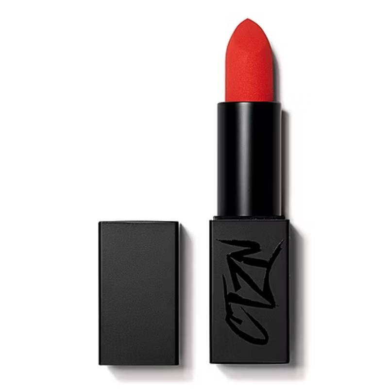 A bold red lipstick in a sleek black case with the brand logo \“Ctzn\“ in stylized writing on the base.