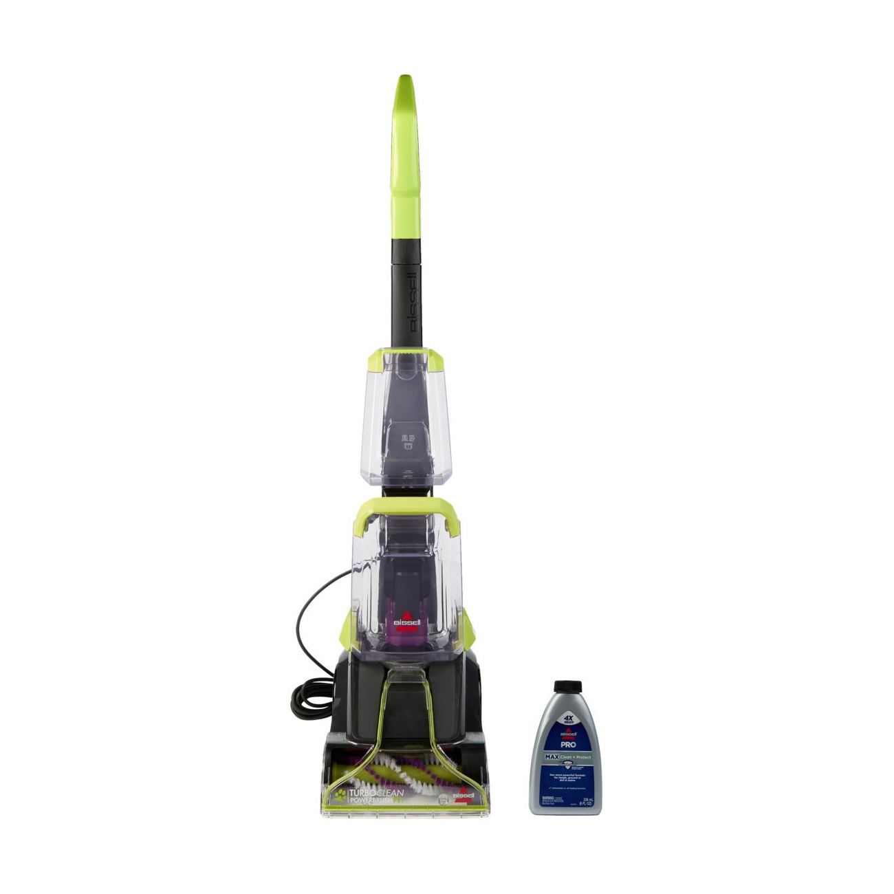 A green and black upright carpet cleaner with an attached cleaning solution bottle.