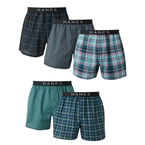 A set of five Hanes men's boxer shorts featuring various plaid and patterned designs in shades of blue and green, each with a black waistband displaying the brand name.