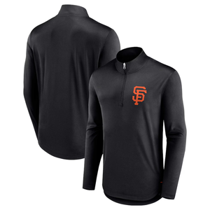 Black long-sleeve 1/4 zip pullover featuring a bright orange \“SF\“ logo on the chest.