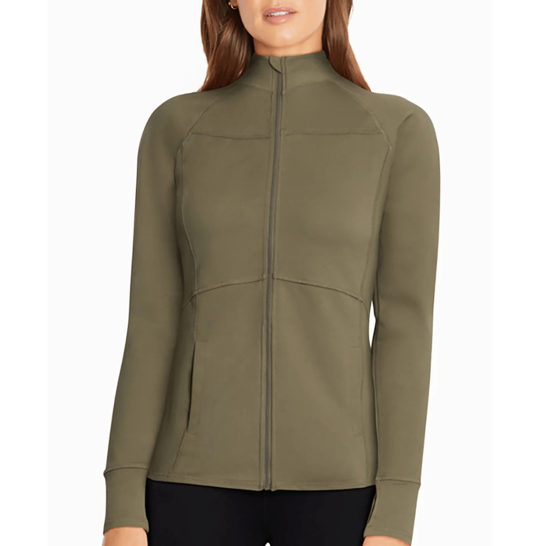 A fitted olive green jacket with a high collar and a central front zipper, featuring visible seam detailing across the chest and sleeves.