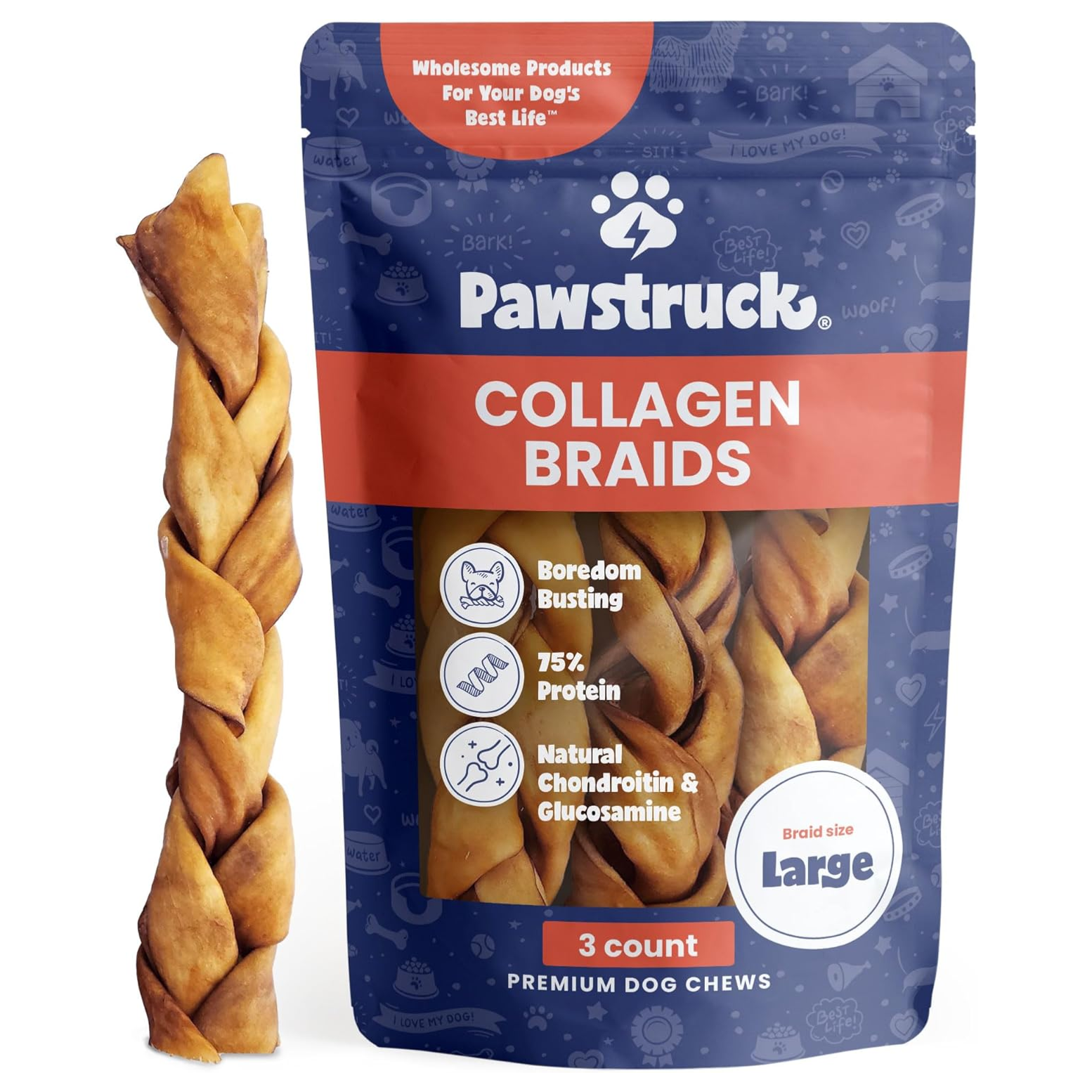 Pawstruck Collagen Braids are premium dog chews designed to be boredom-busting with 75% protein and natural chondroitin and glucosamine. Package includes three large braided chews.