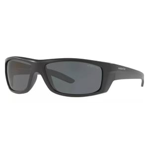 Matte black, rectangular-framed sunglasses with wide arms and grey lenses.