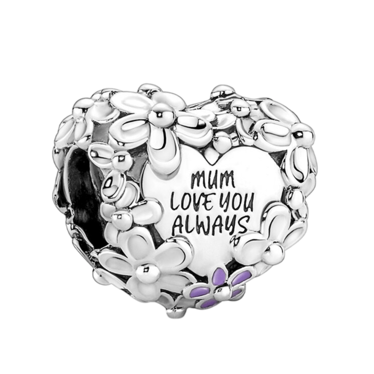 Heart-shaped charm with floral design and the message \“Mum Love You Always\“ engraved, featuring small purple flower details.