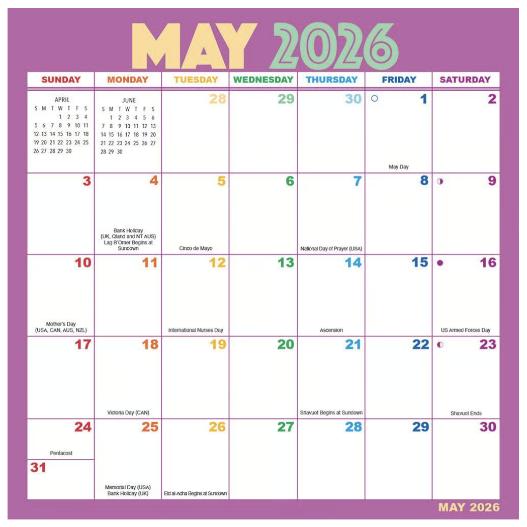 A colorful monthly calendar for May 2026 highlights key dates and holidays, including Mother's Day, Memorial Day, and Victoria Day.