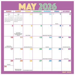 A colorful monthly calendar for May 2026 highlights key dates and holidays, including Mother's Day, Memorial Day, and Victoria Day.
