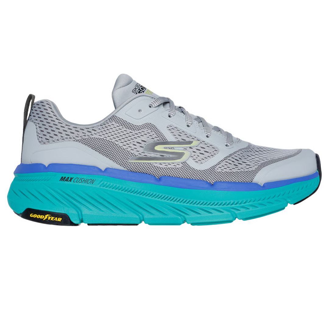 A grey athletic shoe with a mesh upper, blue and teal cushioned midsole, and a Goodyear-branded rubber outsole. Features the Skechers logo on the side.