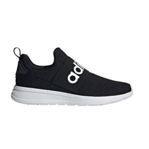 Black Adidas slip-on sneaker with a white sole and \“adidas\“ written on a wide strap across the top.