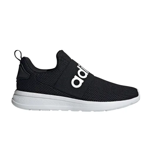 Black Adidas slip-on sneaker with a white sole and \“adidas\“ written on a wide strap across the top.