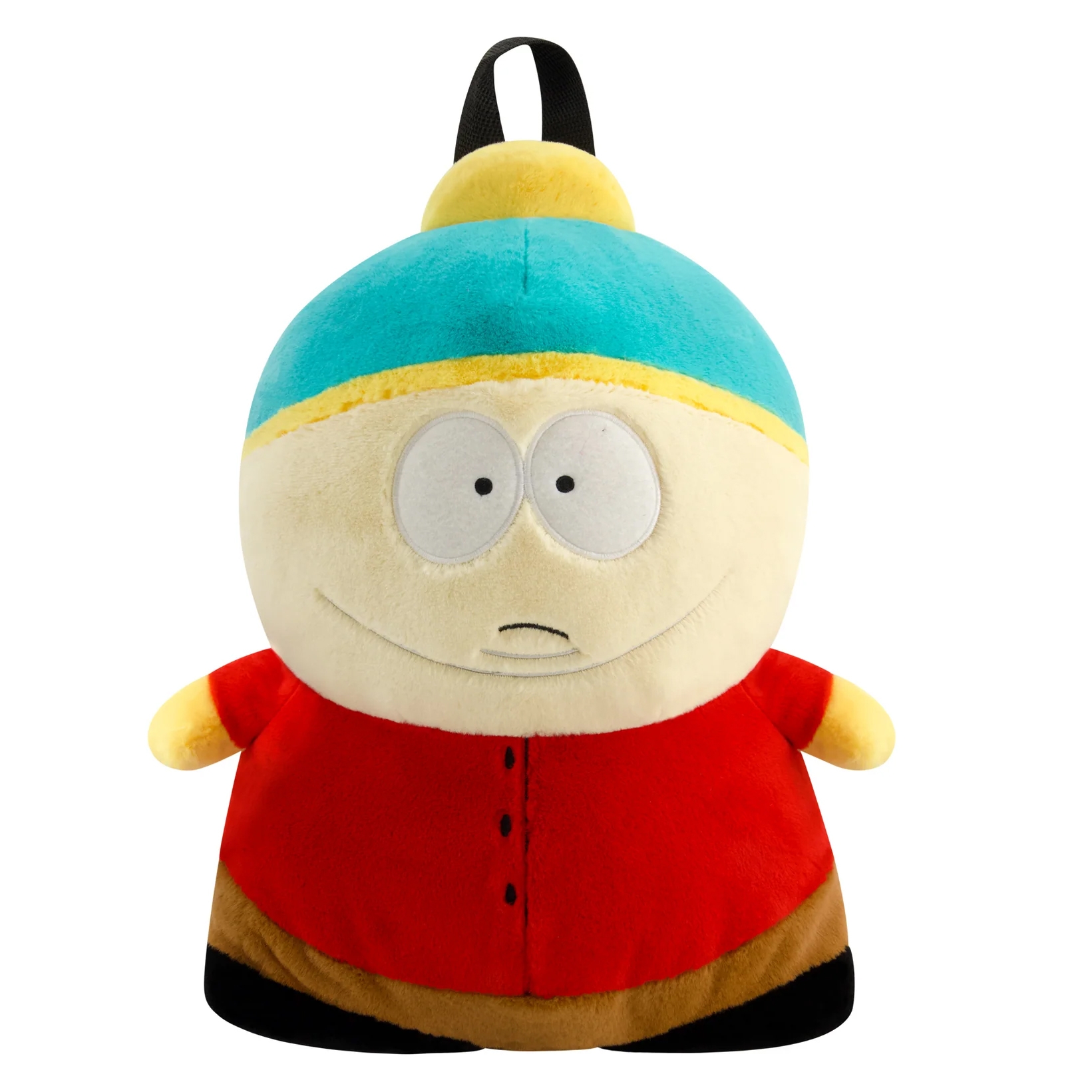 Plush backpack featuring an animated character with a turquoise and yellow hat, red coat, and brown pants.