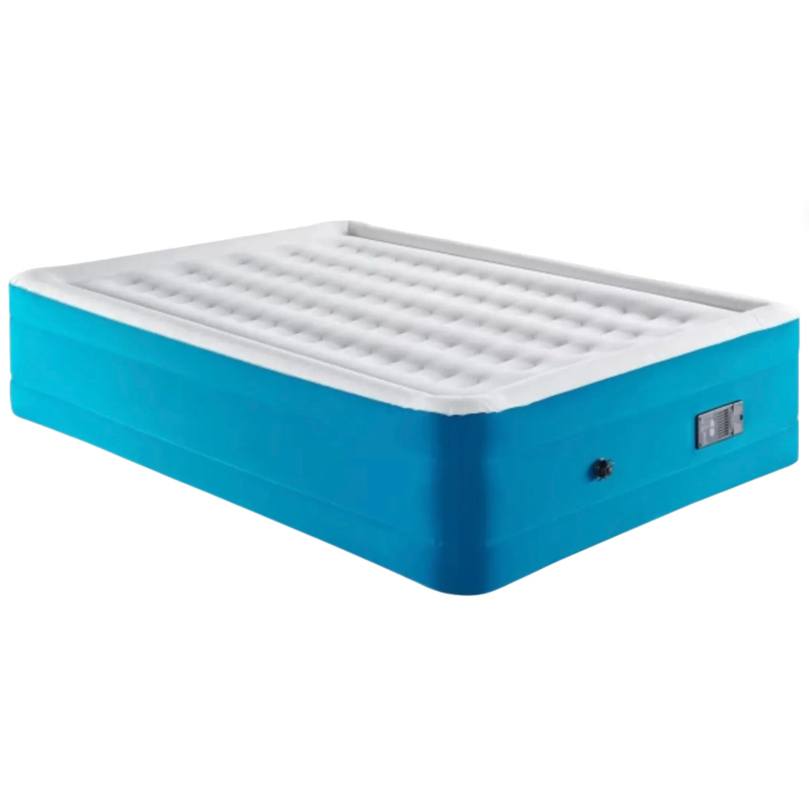 A queen-sized air mattress in blue color with a built-in pump and a textured top surface.