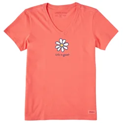 Coral-colored V-neck T-shirt featuring a white daisy with a yellow center and the text \“Life is good.\“ in navy blue.