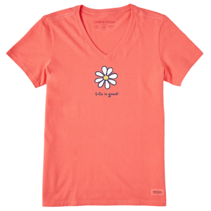Coral-colored V-neck T-shirt featuring a white daisy with a yellow center and the text \“Life is good.\“ in navy blue.