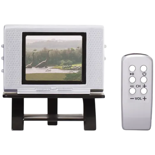 A miniature retro-style TV with a remote control, featuring a static screen displaying dinosaurs.
