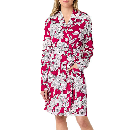 A women's knee-length robe with a vibrant magenta background adorned with a white floral print, featuring long sleeves and a matching tie belt for closure.