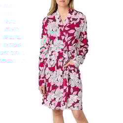 A women's knee-length robe with a vibrant magenta background adorned with a white floral print, featuring long sleeves and a matching tie belt for closure.