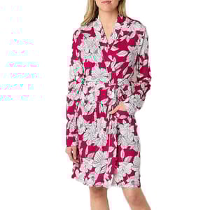 A women's knee-length robe with a vibrant magenta background adorned with a white floral print, featuring long sleeves and a matching tie belt for closure.