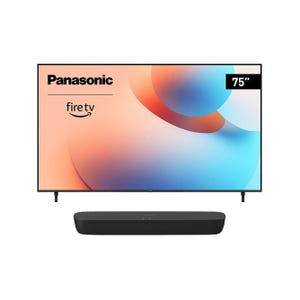 A Panasonic 75\“ Fire TV paired with a black soundbar, displaying a colorful abstract design on the screen.