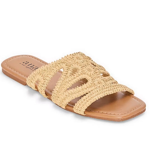 A.n.a. Crochet Sandals feature an open-toe design with woven raffia straps in a natural beige color and a flat sole, offering a simple and casual look.