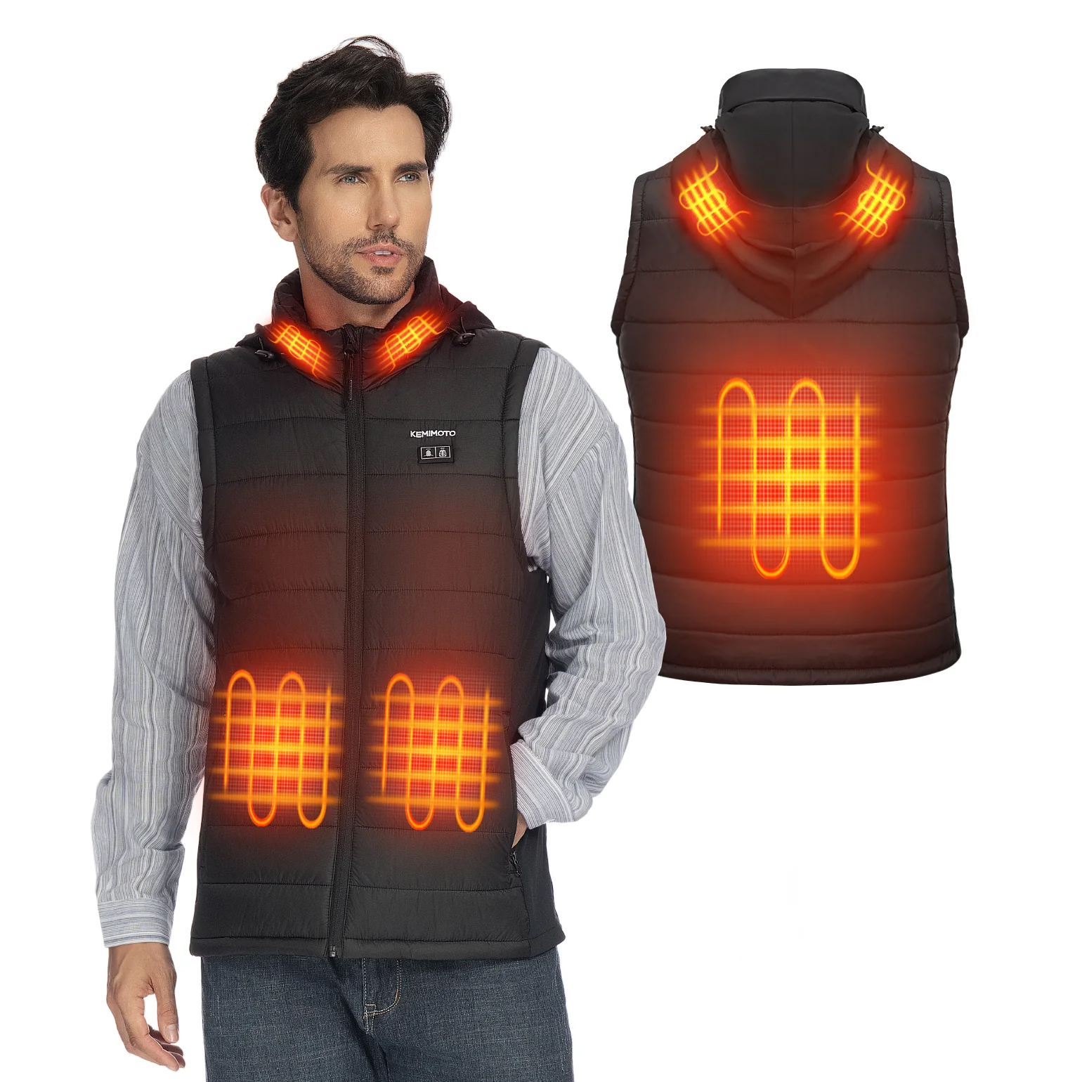 A heated vest with orange glowing heating elements shown on both the front and back, featuring a KEMIMOTO logo on the chest.