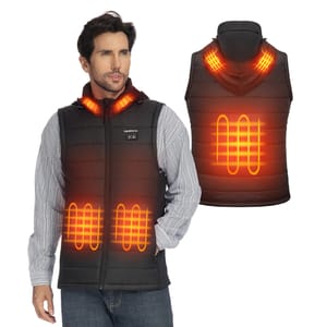 A heated vest with orange glowing heating elements shown on both the front and back, featuring a KEMIMOTO logo on the chest.
