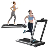 Two women exercising on different treadmills; one is walking and the other is running, showcasing the equipment's functionality for various workout intensities.