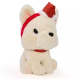 A plush toy resembling a white bulldog wearing a red and white Santa hat and a red glittery collar.