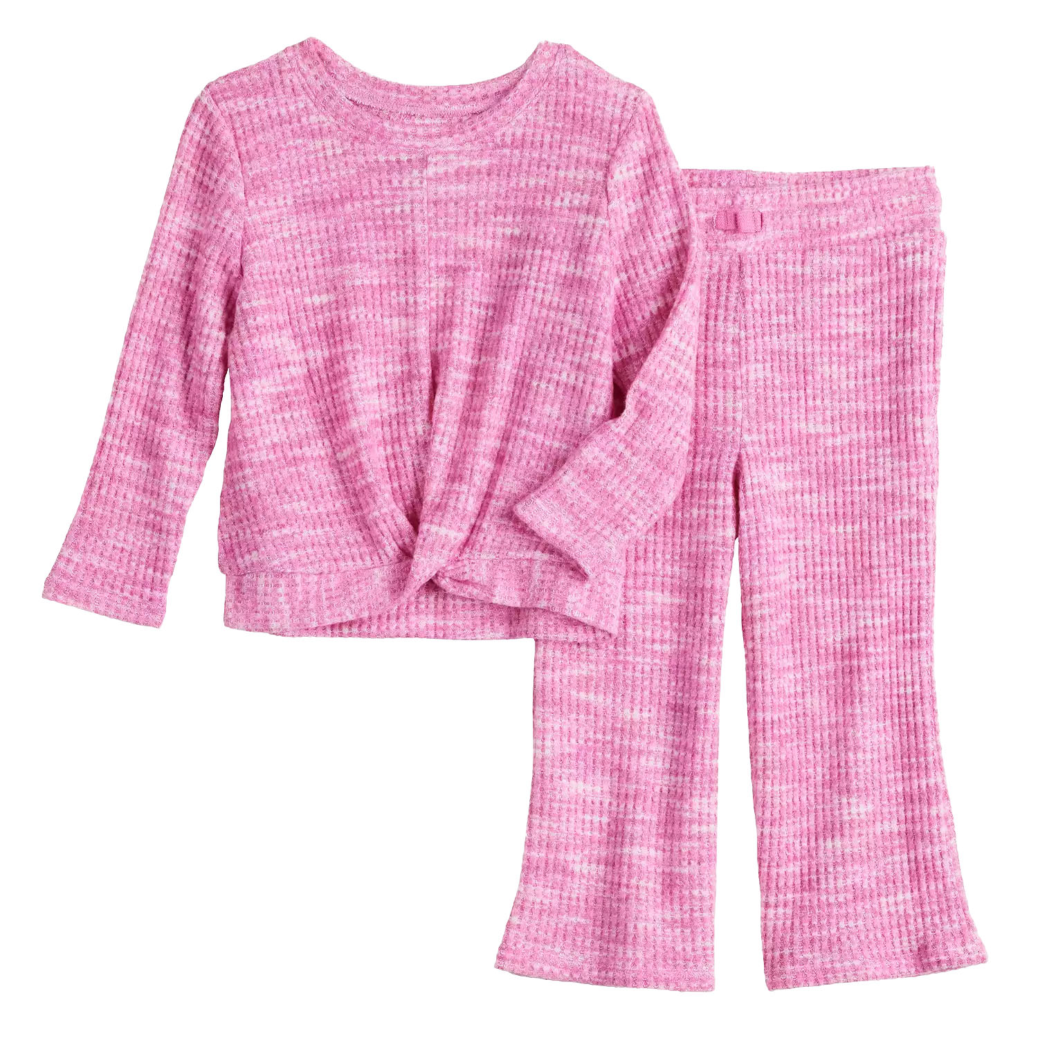 Pink marled knit top and wide-leg pants set with a ribbed texture. The top features a twist knot at the front hem, and the pants have an elastic waistband for comfort.