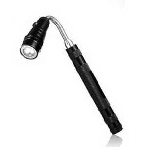 A telescoping magnetic pick-up tool with an extendable handle and a flexible head, useful for retrieving metal objects in hard-to-reach spaces. It features an LED light for visibility.