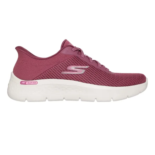 Pink athletic shoe with a mesh upper, lace-up design, and white cushioned sole. Features a logo and \“SLIP-INS\“ label on the heel.
