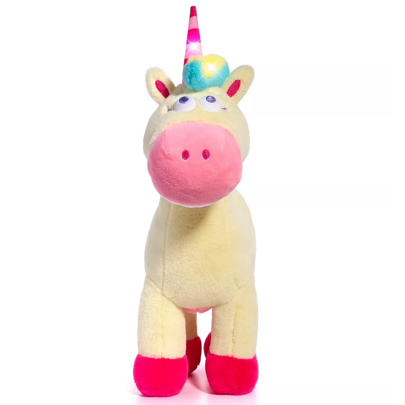 A plush unicorn toy with a rainbow-striped light-up horn, yellow body, pink snout, and pink feet, and large, cartoonish eyes.