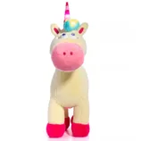 A plush unicorn toy with a rainbow-striped light-up horn, yellow body, pink snout, and pink feet, and large, cartoonish eyes.