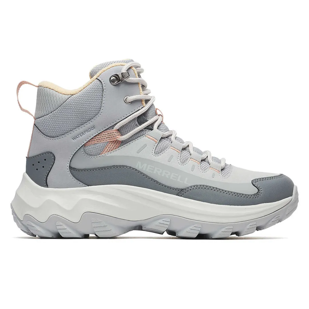 A gray and beige waterproof Merrell hiking boot with a high-top design and sturdy, treaded sole for outdoor use.