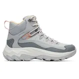 A gray and beige waterproof Merrell hiking boot with a high-top design and sturdy, treaded sole for outdoor use.