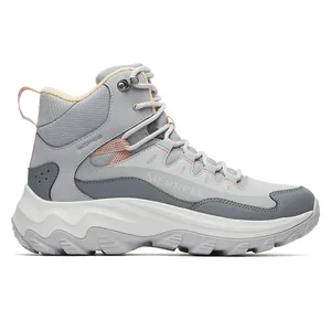 A gray and beige waterproof Merrell hiking boot with a high-top design and sturdy, treaded sole for outdoor use.