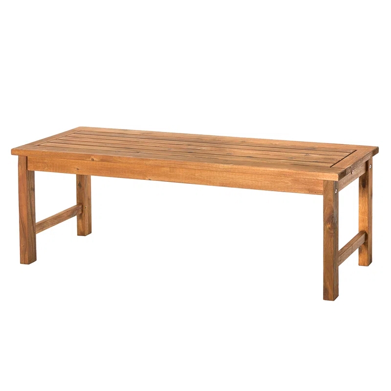 Wooden bench with a slatted top and sturdy legs designed for outdoor use.