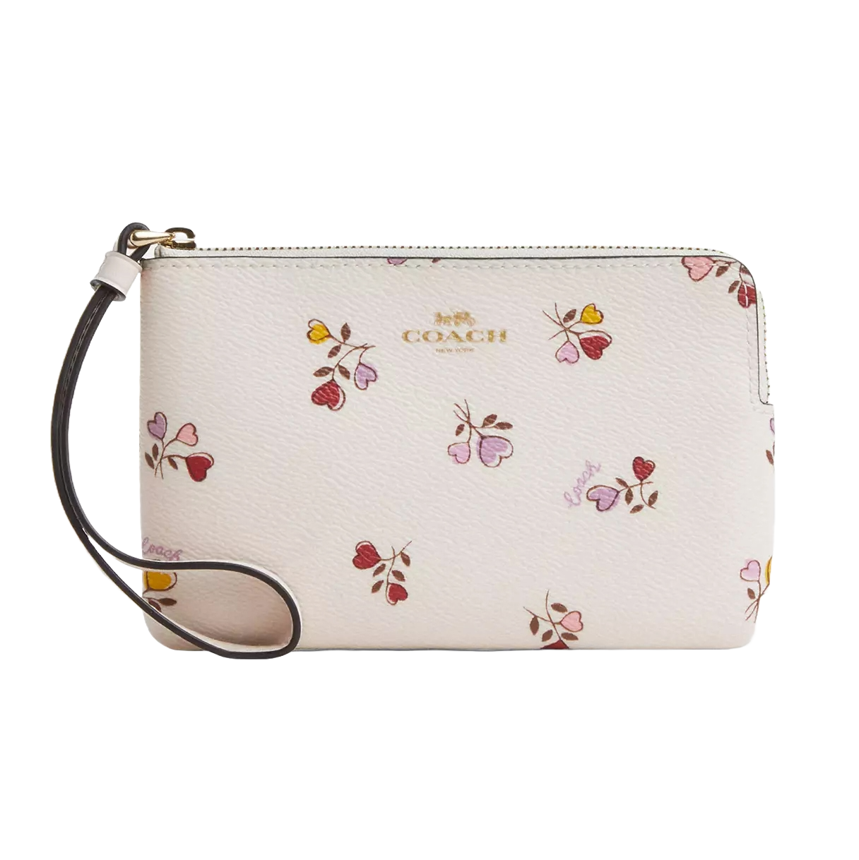 A Coach Outlet corner-zip wristlet in white with a floral pattern featuring pink, yellow, and red heart-shaped designs. It includes a detachable black strap and gold-tone hardware.