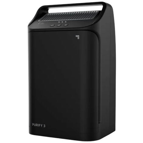 A sleek black air purifier with a top vent and control buttons, labeled \“Purify 3.\“