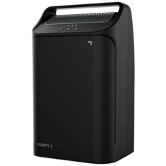 A sleek black air purifier with a top vent and control buttons, labeled \“Purify 3.\“